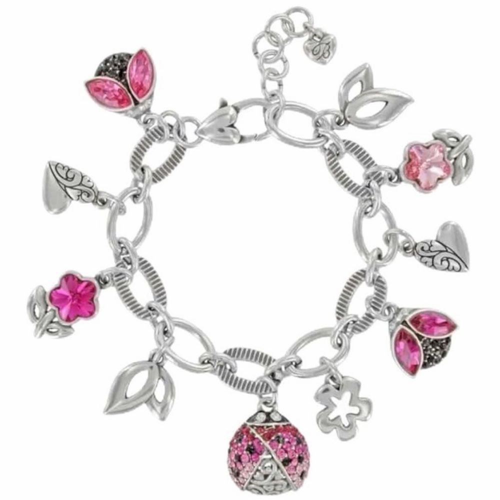 💕🐞SUPER RARE BRIGHTON VTG+ SLVR SWAROVSKI CRYSTAL Pink Ladybug Bracelet! RETIRED